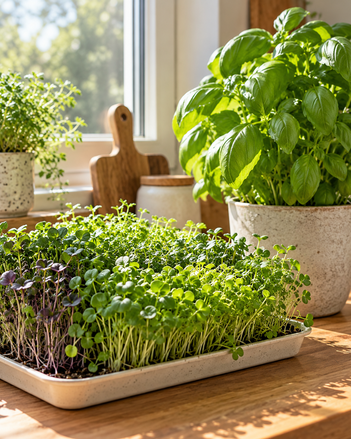Fresh microgreens and basil growing beside a bright kitchen window